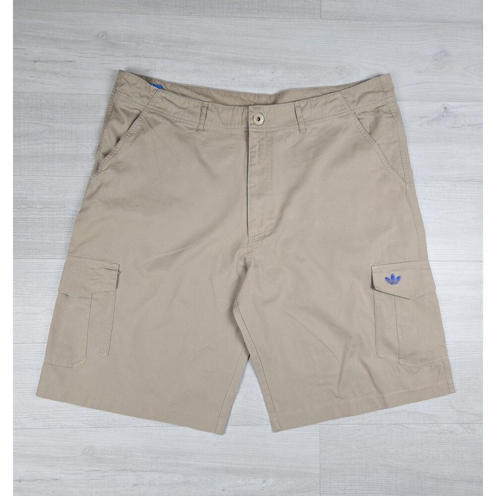 Adidas Originals Mens XXL Khaki Cargo Shorts Blue Embroidered Trefoil Beige